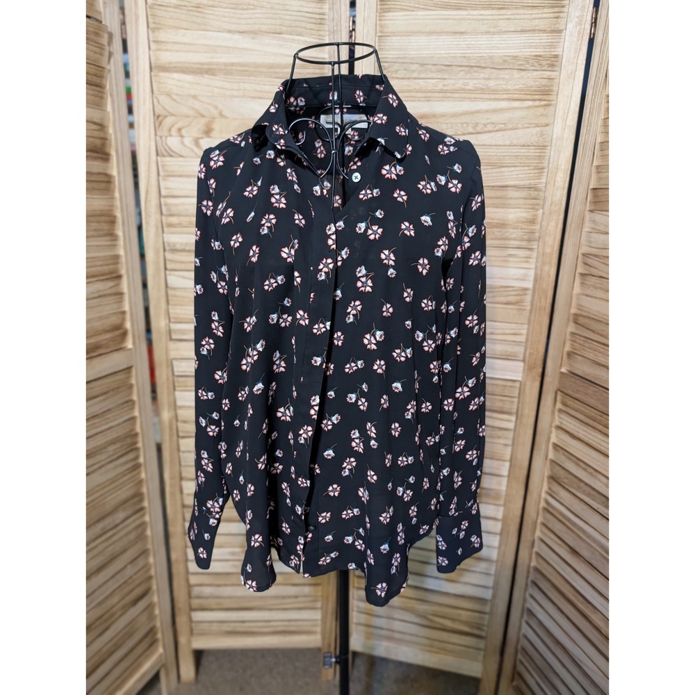 Loft Evening Cottage Core XS Black Pink White Floral Blouse Gorgeous